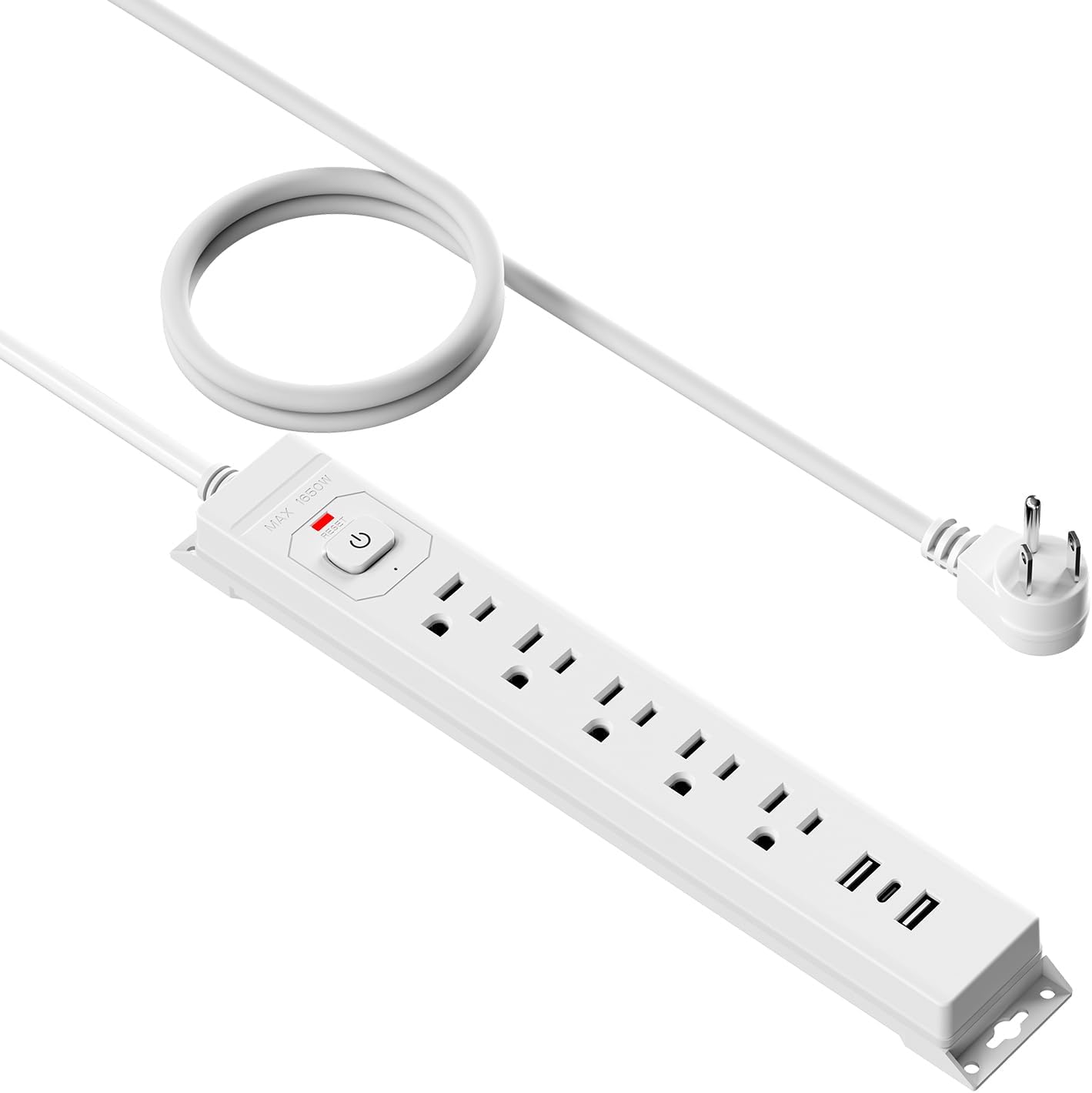 15 Ft Power Strip Surge Protector with USB Ports, Flat Plug Extension Cord, 5 AC Outlets and 3 USB Charging Ports, Wall Mountable, ETL Listed – White for Home, Office, Dorm