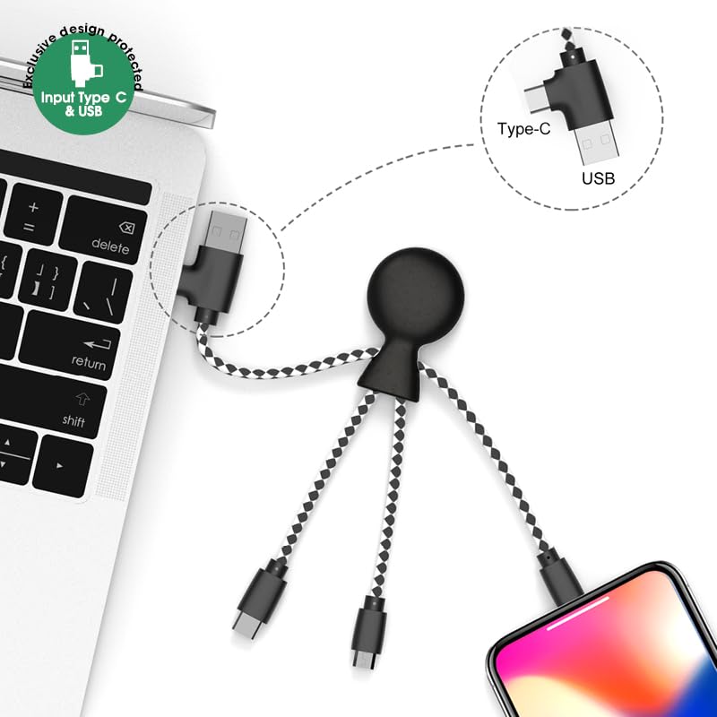 Mr Bio 4 in 1 Multi USB Cable Octopus Design Black - Universal Recycled Plastic Charger - USB Plug - USB-C - Lightning - Micro USB for Universal Smartphone