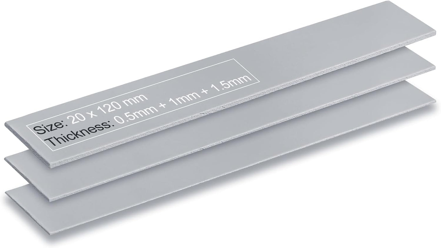 Aairhut 3 Pack 13 W/m.K Thermal Pads, 120 x 20 mm x [0.5 mm + 1 mm + 1.5 mm] Highly Efficient Thermal Conductivity Silicone Cooling Pads for Laptop Heatsink CPU GPU SSD IC LED Cooler