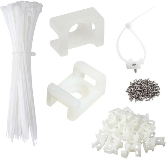 Cable Zip Tie Mounts Kit - 120 Set Wire Cable Clips Organizer Holders with 8" Cable Ties, Saddle Type Mounts Base and Tapping Screw, White