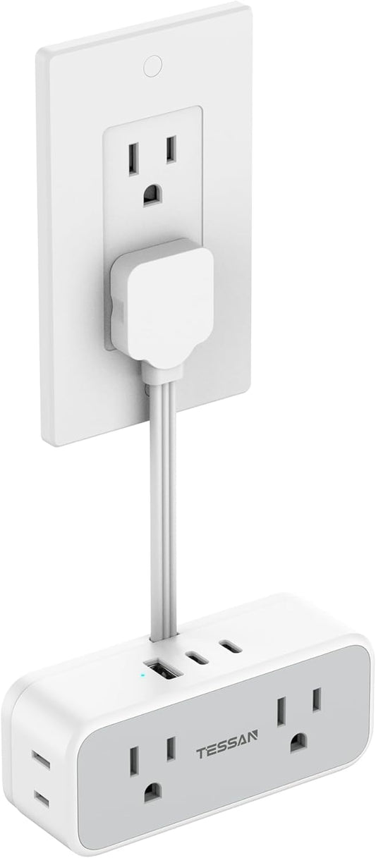 Short Extension Cord 6 inch, TESSAN Flat Plug Power Strip with 4 AC Outlets 3 USB (2 USB C) Ports, Small Charging Station for Cruise Ship Travel, Desk Organizers for Home Office Dorm Room Essentials