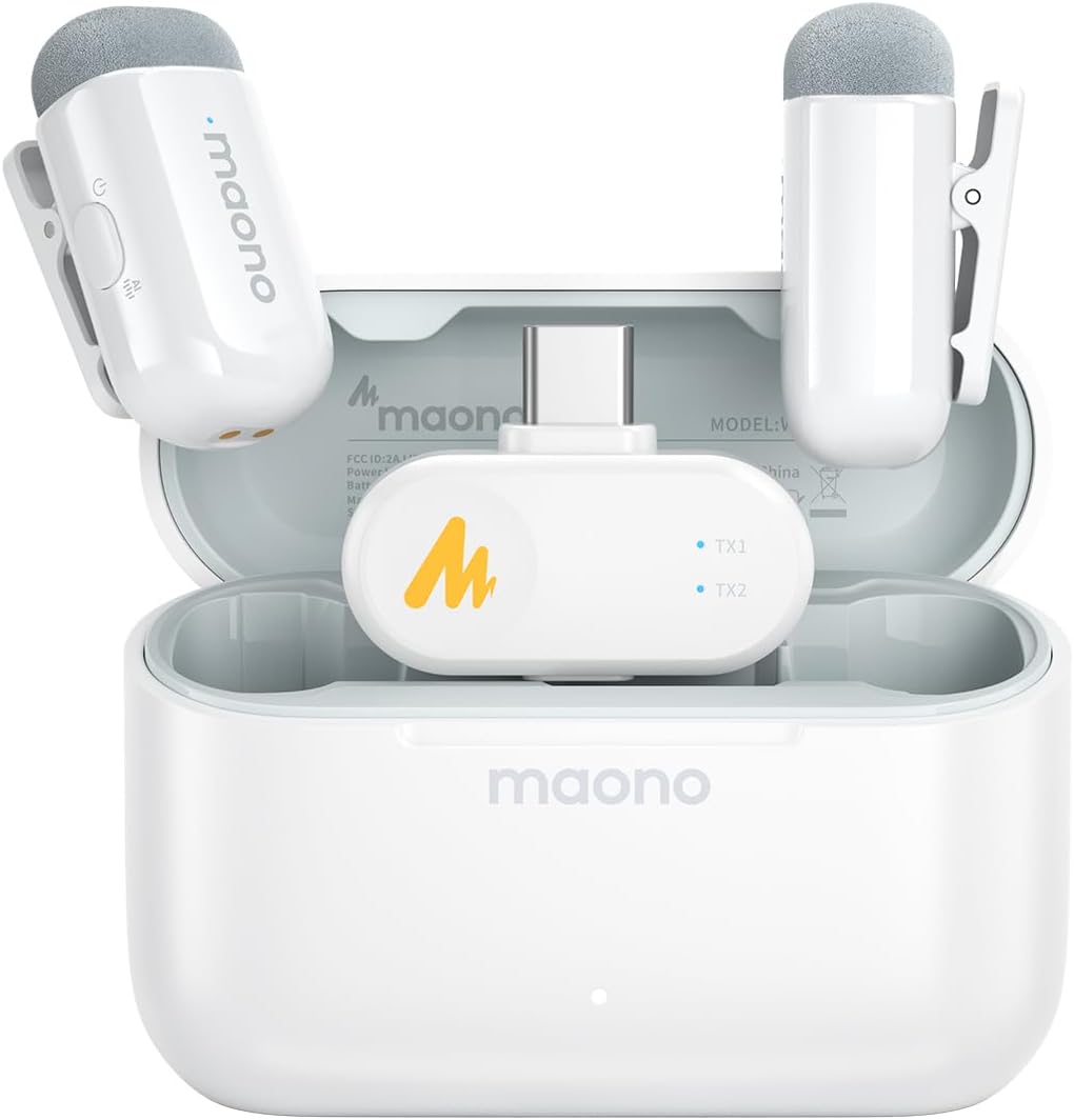 MAONO Wave T1 Mini Wireless Lavalier Microphone for iPhone 16 15 Android Tablet with USB-C Plug, Noise Cancellation, AI Voice Filter, 30H Used with Charging Case for Video Recording TikTok-White