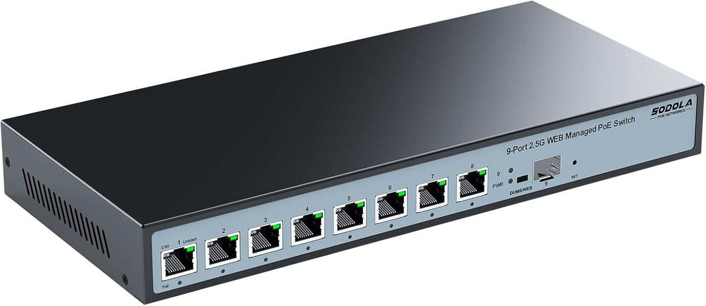SODOLA 8 Port 2.5G Web Managed PoE Switch 120W | 1X 10G SFP+ & 8 x 2.5GBase-T Ports, Max 90W Output, IEEE802.3af/at/bt, Desktop & Wall Mount 2.5GbE Network Switch