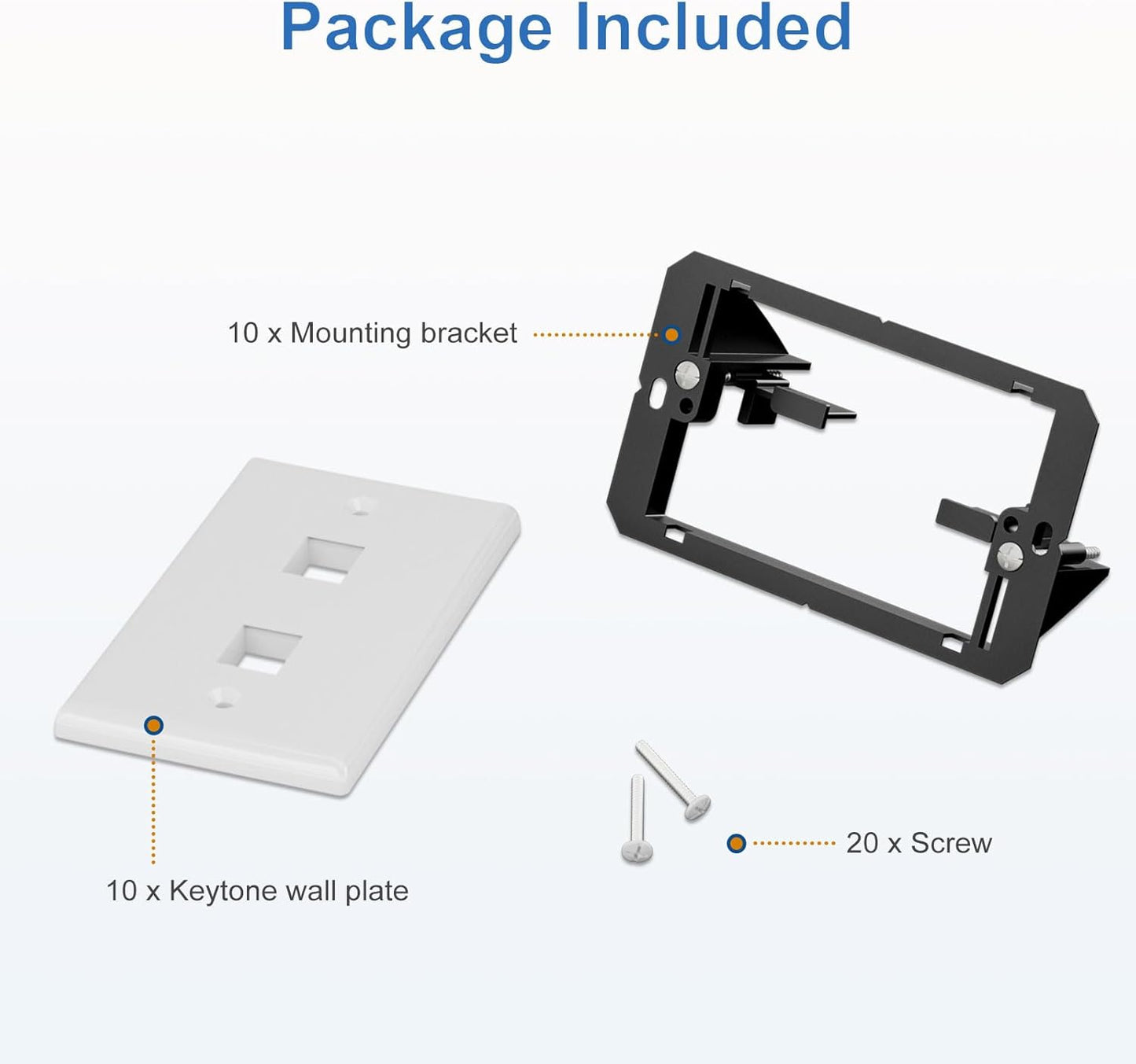 FGB 2-Port Keystone Wall Plate, with Low Voltage Mounting Bracket, with Single Gang Decorator Wall for RJ45, HDMI, and Coax Keystone Inserts, White, 10-Pack