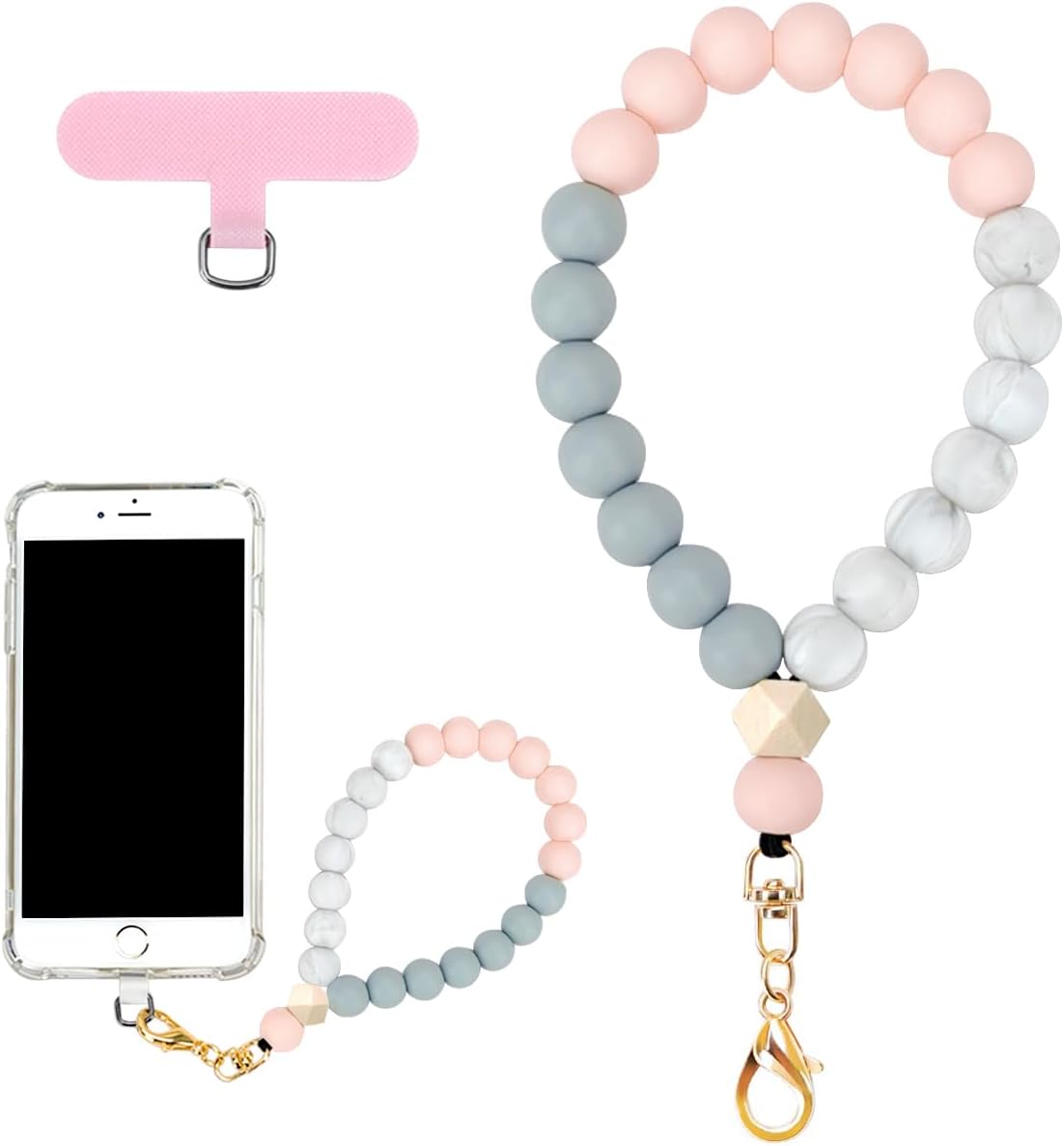 Marble Silicone Beaded Phone Wrist Strap, Cellphone Lanyard with Tether Tab, Elastic Hands-Free Wristlet Bracelet