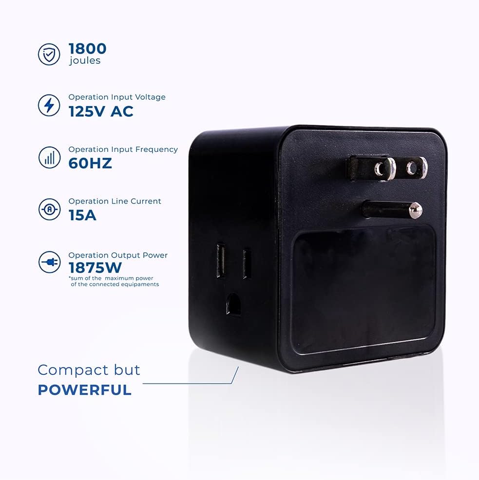 Clamper 3-Outlet Surge Protector 1800 Joules, 1875W, for TV, PC, Xbox, PS5, Refrigerators and Other Appliances (Compact Wall Surge Protector), iCLAMPER Power 3, 2-Pack Black