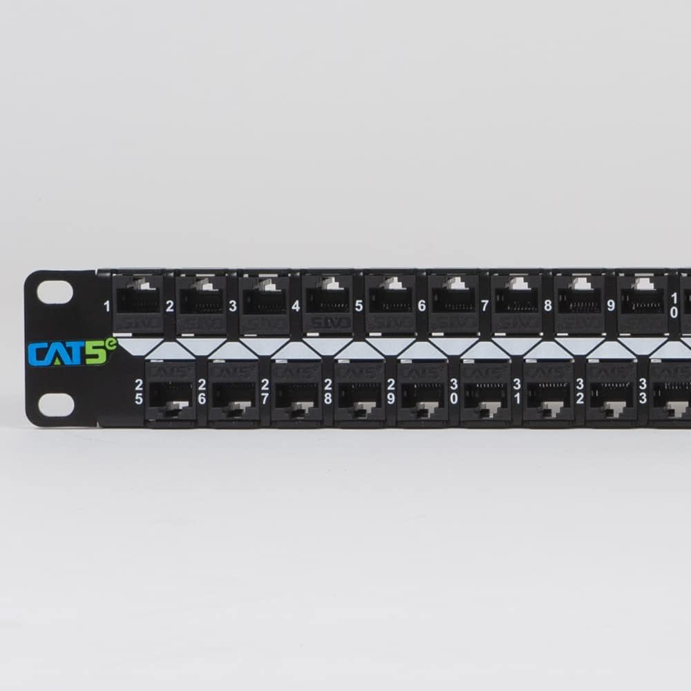ICC CAT5e Feed-Through Patch Panel, 48 Port, 1U Rackmount, RJ45 Ethernet Patch Panel, No Punch Down, PoE++ and TAA Compliant, Black