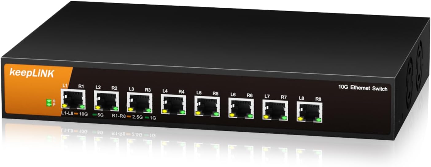8 Port 10G Ethernet Switch Unmanaged, 8X 10G RJ45 Ports Support 10G/5G/2.5G/1000M/100M Auto-Negotiation, 160Gbps Switching Capacity, Desketop or Rackmountable Plug and Play Network Switch