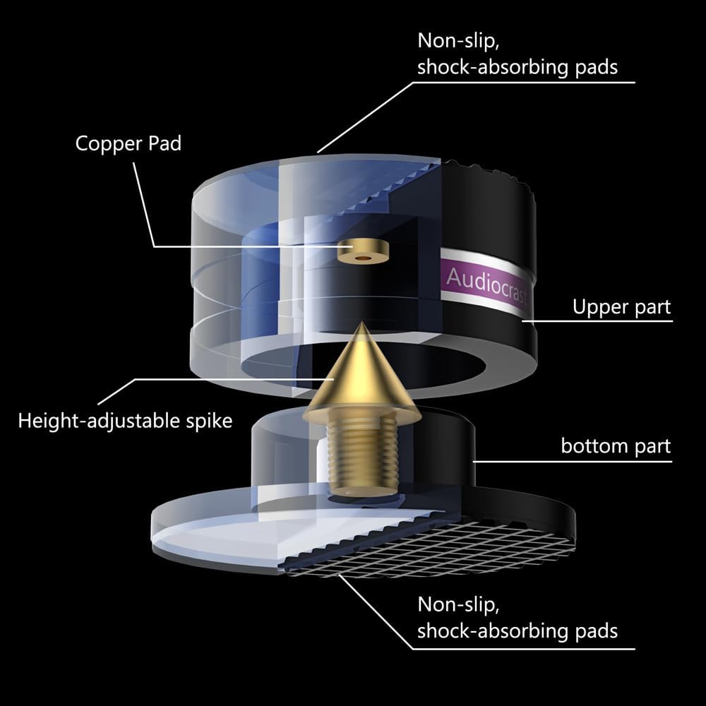 HiFi Speaker Spikes IF03B by Audiocrast, Speaker Vibration Dampener Stand Feet Pads Shock Absorber Isolation Pucks, Speaker Resonance Reducer with Non-Slip Mat for Turntable Amp CD DAC Recorder