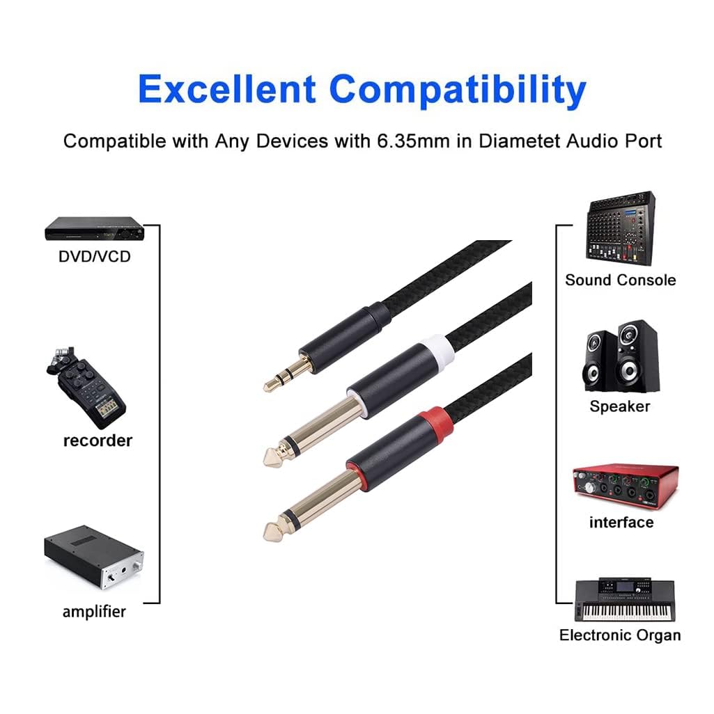 2Pack 16Ft 3.5mm TRS to Dual 6.35mm Stereo Cable 1/8 TRS to Dual 6.35mm 1/4 TS Mono Y Splitter Audio Cord Adapter for Smartphone, Mixer,PC, CD Player, Speakers and Home Stereo System