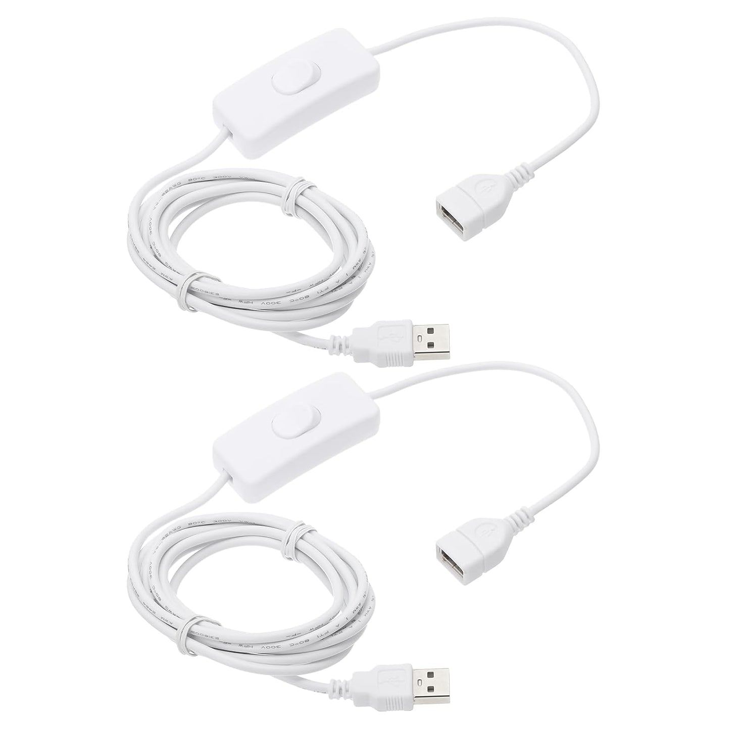 MECCANIXITY USB Extension Cable with ON/Off Toggle Switch 2m USB Male to Female Extension Cord for Desk Lamp Fan LED Light Strip White Pack of 2