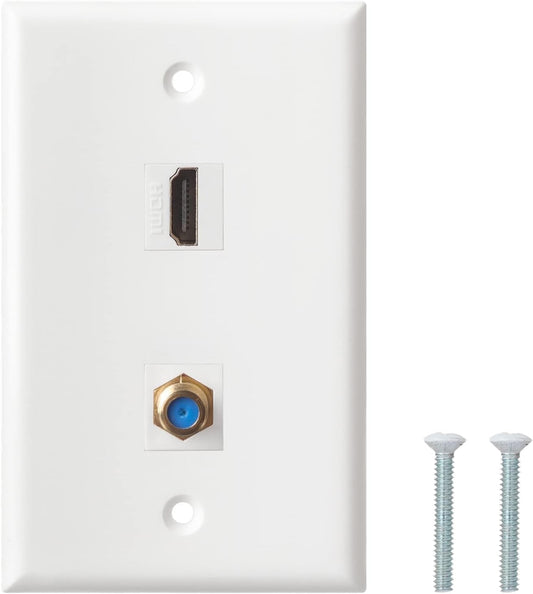 HDMI Wall Plate, 1 Port 4K HDMI Keystone to Female, 1 Port F Type Connector Coax Keystone to Female Wall Plate-White