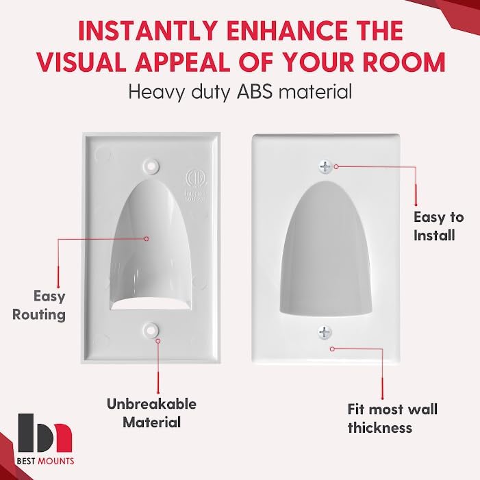 BestMounts - 1 Pack In Wall Cable Management Kit - Recessed Wall Plate Cable Pass Through Pair with Single Gang Low Voltage Mounting Bracket - TV Cord Hider for Wall Mounted TV ETL Listed
