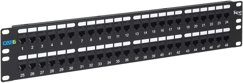 ICC CAT6 Feed-Through Patch Panel, 48 Port, 2U Rackmount, RJ45 Ethernet Patch Panel, No Punch Down, PoE++ and TAA Compliant, Black