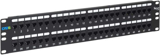 ICC CAT6 Feed-Through Patch Panel, 48 Port, 2U Rackmount, RJ45 Ethernet Patch Panel, No Punch Down, PoE++ and TAA Compliant, Black