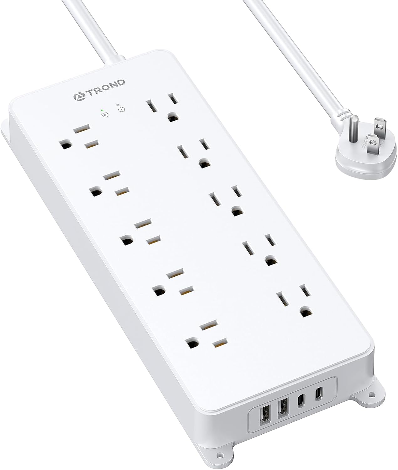 TROND Surge Protector Power Strip, 4000J, ETL Listed, 10 Widely Spaced Outlets, 2 USB C and 2 USB A Ports, Flat Plug 5ft Extension Cord, Wall Mountable, Under Desk Power Strip for Home Office, White