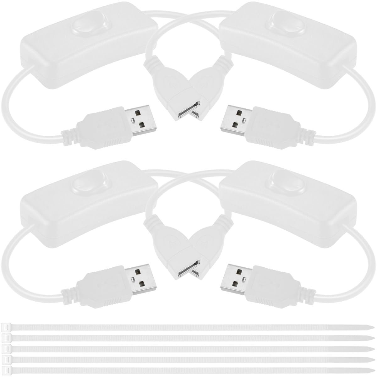 4PCS USB Power Switch Cable USB 2.0 A Male to Female Extension Cord On/Off Adapter with Inline Rocker Switch with Cable Ties for Driving Recorder Small Desk Lamp LED Strip (White)