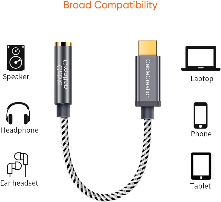 CableCreation USB C to 3.5mm Audio Adapter, Type C to Headphone Adapter, USB C to Aux 24bit/96kHz HiFi DAC Cable for iPhone 16 15 Pro Max/15 Pro/15 Plus, iPad, Galaxy S24 S23 Ultra, Pixel 9, 0.33 ft