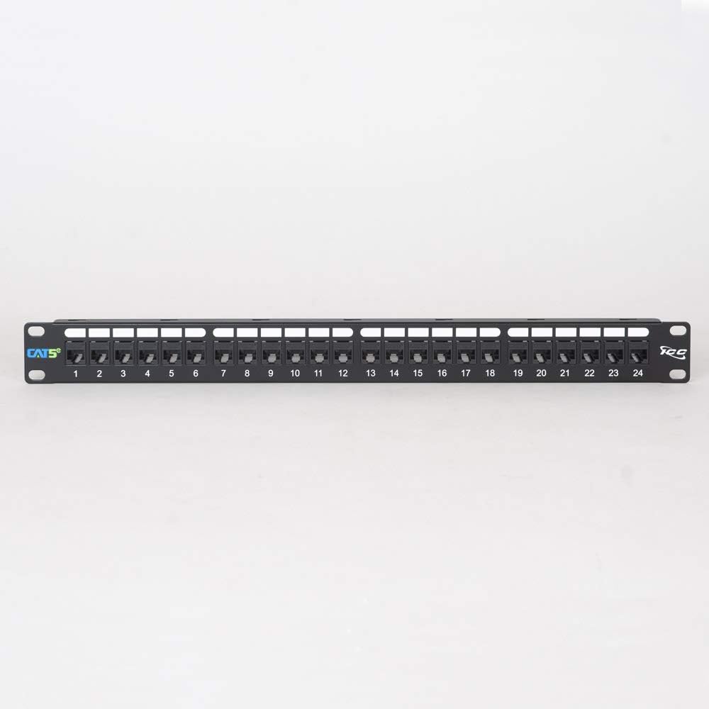 ICC CAT5e Feed-Through Patch Panel, 24 Port, 1U Rackmount, RJ45 Ethernet Patch Panel, No Punch Down, PoE++ and TAA Compliant, Black