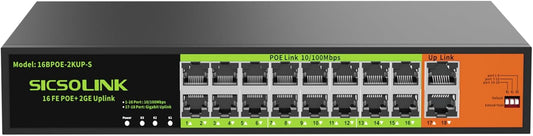 16 Port POE Switch with 2 Gigabit Uplink, IEEE 802.3af/at 100Mbps, 250W Built-in Power,Unmanaged, Extend to 250M for PC Network, AP, IP Phone, Rackmount.