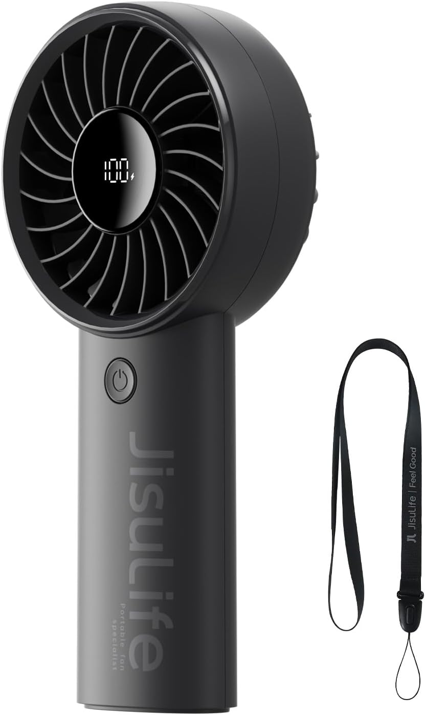 JISULIFE Handheld Fan Life4, 5000mAh Portable Rechargeable Fan, 5-Speed Turbo Wind, 15 Hrs Cooling, LED Display, Gifts for Men/Women, Essential for Travel,Beach,Vacation,Makeup,Concerts,Cruise-Black