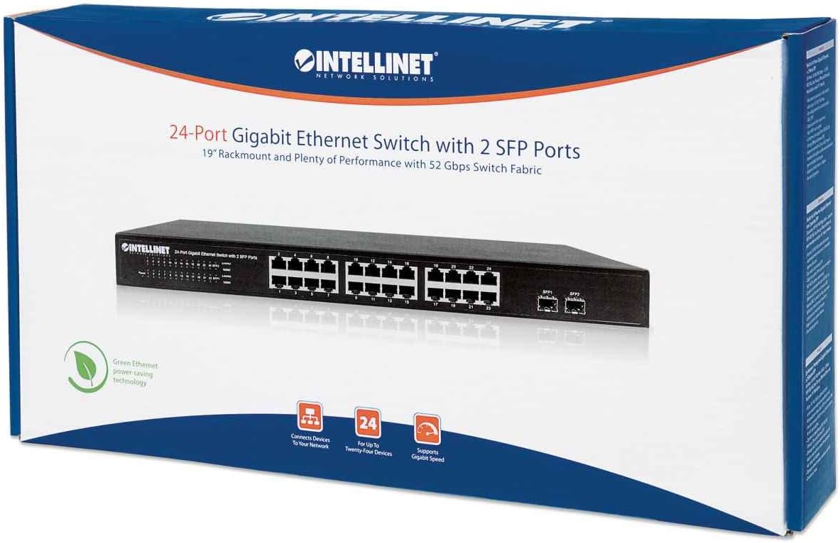 Intellinet 24 Port Gigabit Ethernet Switch with 2 SFP Ports – Unmanaged - Rackmount / Desktop, Fanless & Quiet, Sturdy Metal, 52 Gbps Switch Fabric – 3 Yr Mfg Warranty - 561044