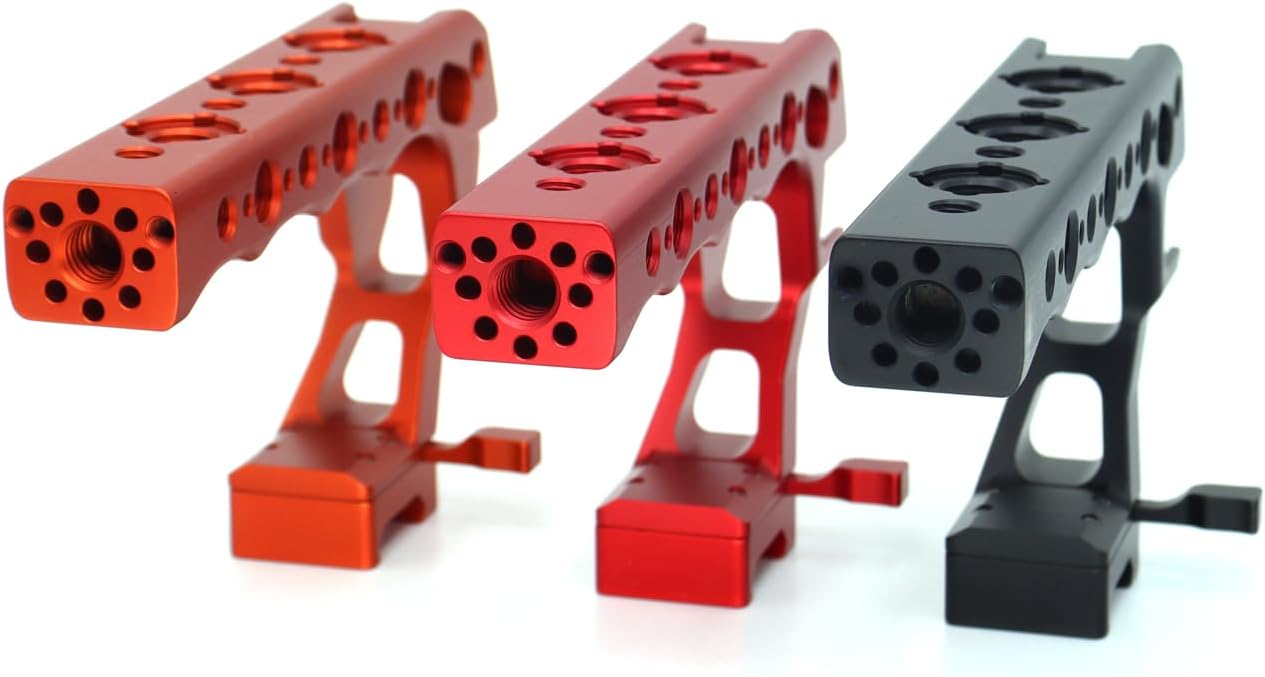 Universal Top Handle with Quick Release NATO Grip with NATO Rail for DSLR Camera Cage, with 3 Cold Shoe Adapters to Mount DSLR Camera with Microphone/LED Light/Monitor (Red with NATO Rail)