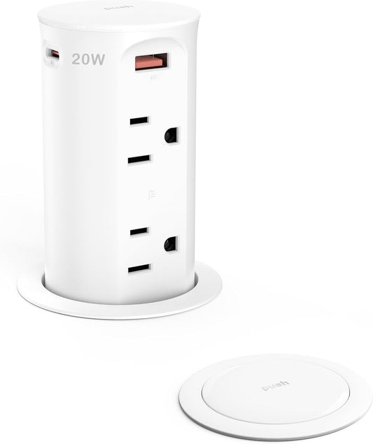 Pop up Outlet for Countertop,2.5-inch Hole Desktop Power Grommet,Recessed Power Strip,20W USB C Fast Charging,4 Outlets 4 USB Ports,15Amp Tamper Resistant Receptacle,White