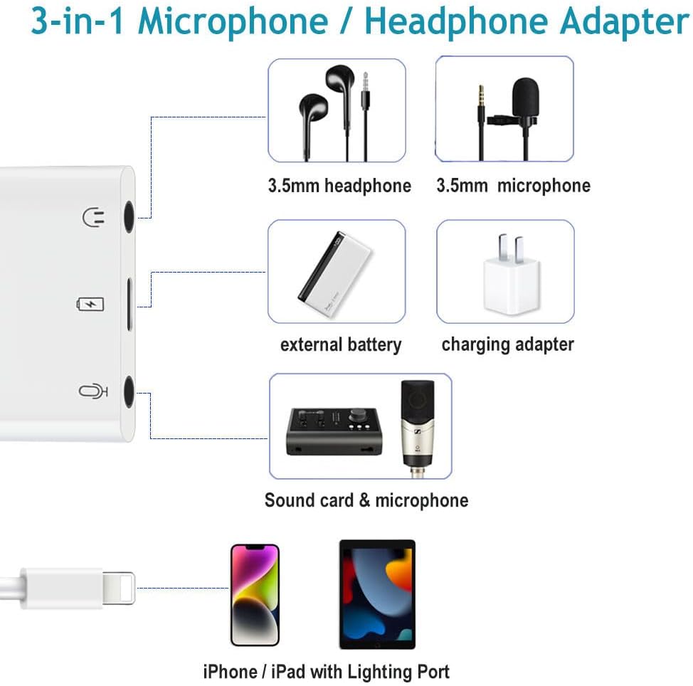 iPhone Microphone Adapter for Live-Streaming Lightening to Microphone & 3.5mm Headphone Adapter with Charging Port iPhone Audio & MIC Splitter Compatible for iPhone 14 13 12 11 X