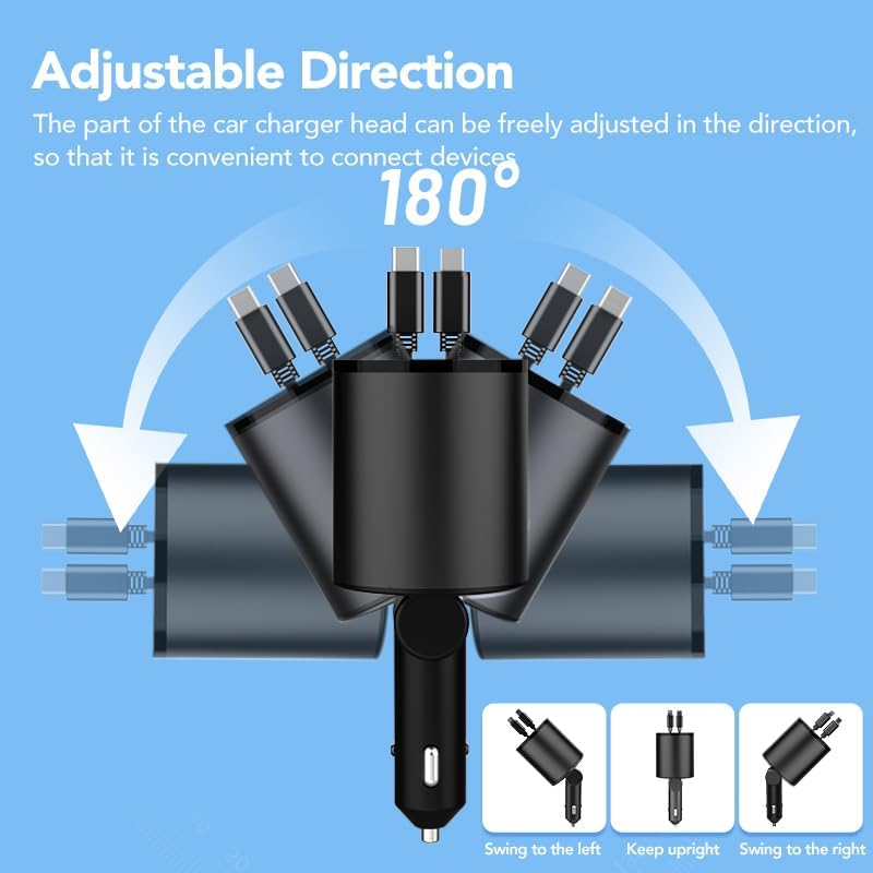Retractable Car Charger, 4 in 1 Super Fast Car Phone Charger 60W, 2 Retractable Cables and 2 USB Ports Car Charger Adapter,Compatible with iPhone 16/15/14/13/12/11,Air-Pods 4,Galaxy,Pixel