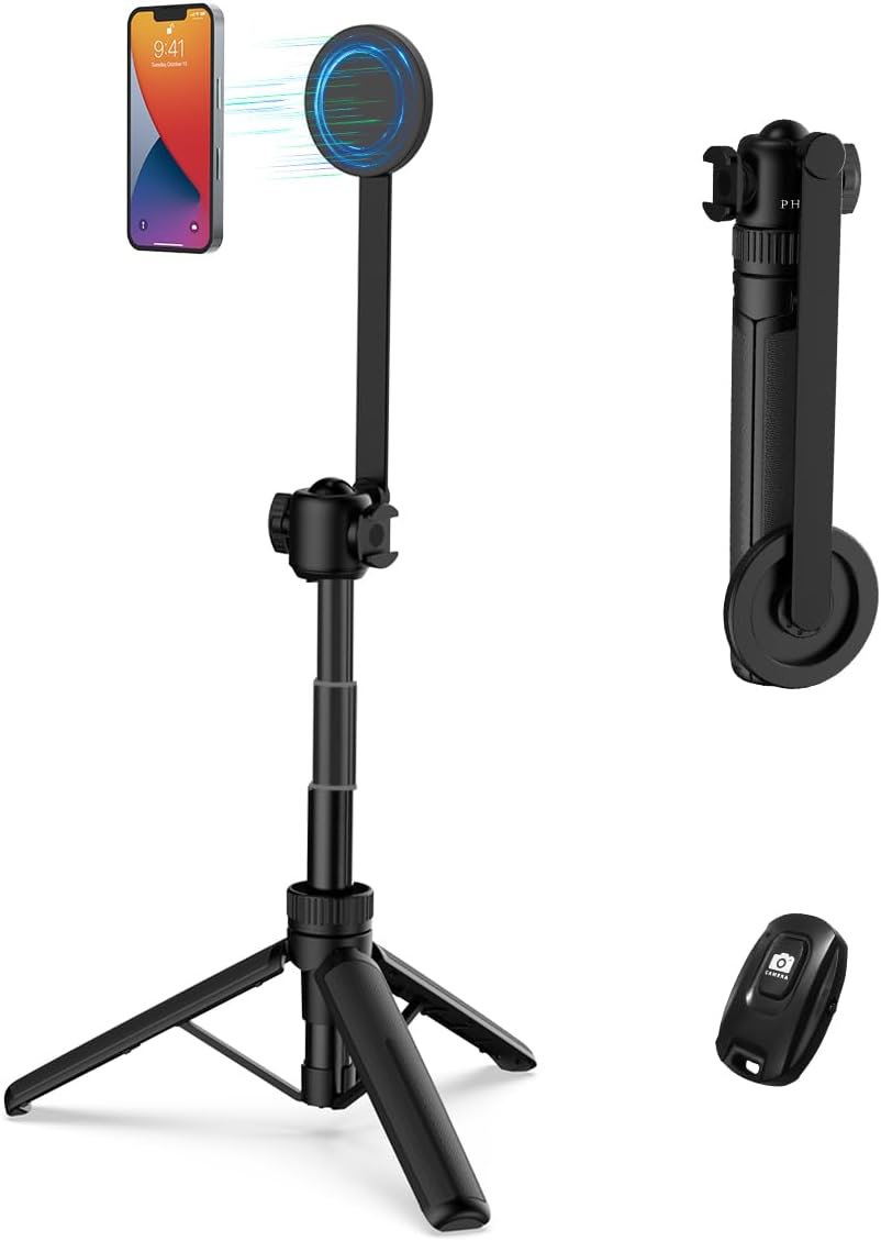 PHOPIK 35" Magnetic Selfie Stick Phone Tripod, Extendable Phone Tripod with Cold Shoe and Remote,Compatible with iPhone/Android/Sport Camera Perfect for Video Recording/Selfies/Insta360 x5（Black）