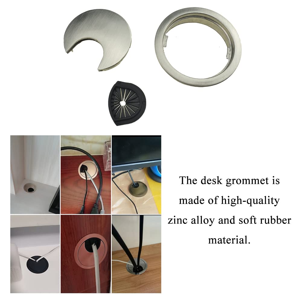 HAHIYO 2Pcs 2Inch/50mm Brushed Silver Zinc Alloy Desk Grommet Wire Grommet Cable Management Cord Hole Cover Desk Wire Hole Insert Wire Organizer for Computer Office Home School Equipment Systems