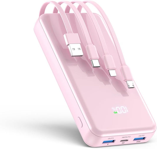 Portable Charger, 42800mAh Power Bank Built-in Cable, 22.5W PD USB C In & Out Fast Charging, External Battery Pack with 6 Output & 2 Input, Travel Phone Charger for iPhone 16/15/14/13/12 (Pink)