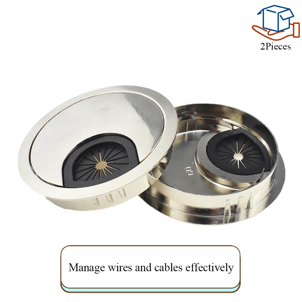 HAHIYO 2Pcs 2.4Inch/60mm Brushed Silver Zinc Alloy Desk Grommet Wire Grommet Cable Management Cord Hole Cover Desk Wire Hole Insert Wire Organizer for Computer Office Home School Equipment Systems