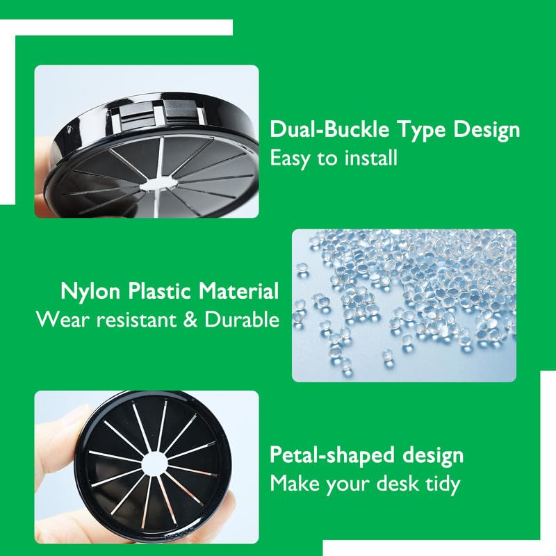 4PCS Cable Grommets, 3-9/16"(90mm) Desk Hole Cover Petal Shaped Buckle Type Nylon Snap Bushing Grommet, Wire Hole Cover Insert for Cables and Cords Management and Protection of Cabinet, Black