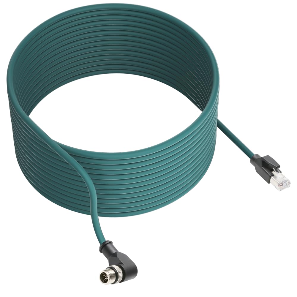 Alvin's Cables M12 X-Code 8 Pin Male to RJ45 Ethernet Cable for Cognex Keyence Camera, High-Flex Cat6a Cable for Industrial Automation, Fieldbus Module, Robotics, Right Angle 49.2ft/15m Green