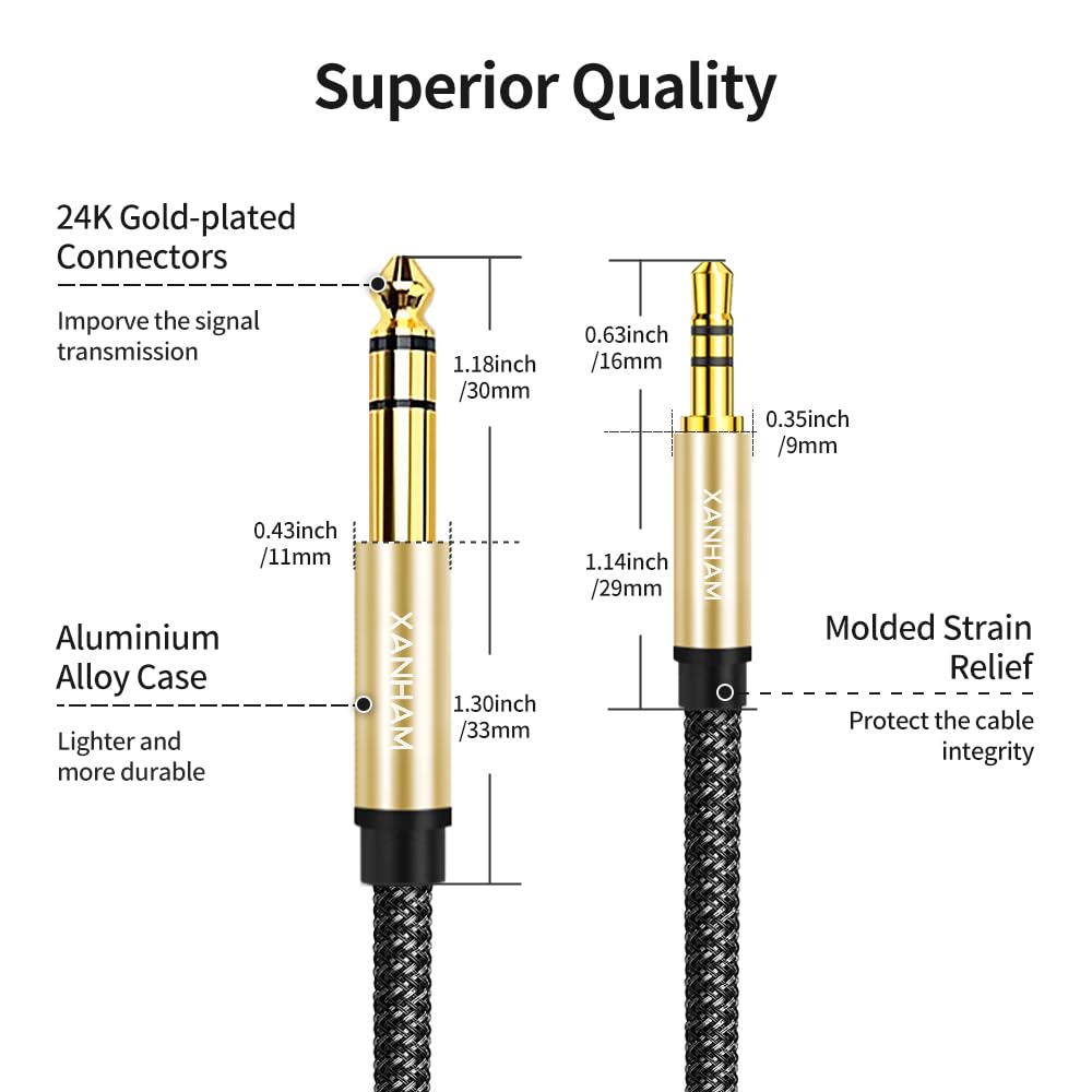 3.5mm to 1/4 Stereo Audio Cable 16 Feet /5M, 1/8" to 6.35mm 1/4" TRS Male Aux Cord Double Shielded with Braiding for Guitar, Amplifiers, PC, Home Theater, Speaker, etc.
