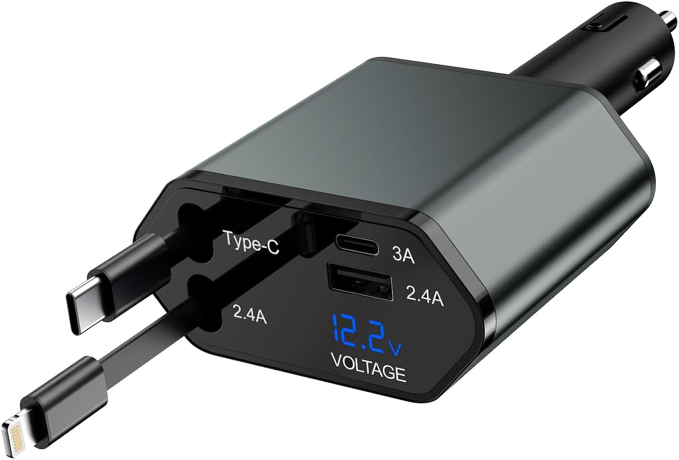 66W Retractable Car Charger,CarCharger Fast Charging 4 in 1 Car Phone Charger Retractable USB C Cable,Type C to Lightning Cord,USB C Port and USB A Port Fast Charging for iPhone 16/15/14,iPad