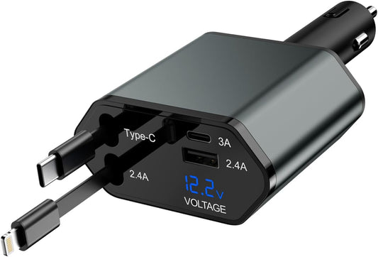 66W Retractable Car Charger,CarCharger Fast Charging 4 in 1 Car Phone Charger Retractable USB C Cable,Type C to Lightning Cord,USB C Port and USB A Port Fast Charging for iPhone 16/15/14,iPad