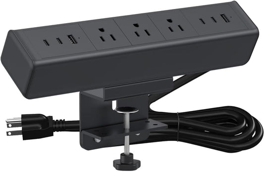 Nightstand Charging Station with 4 USB-C&2 QC 3.0 USB A Ports 3 AC Outlet, Desk Edge Mount Power Strip with USB-C Ports Tabletop Surge Protector Desk Clamp Power Strip for Home Office(Black)