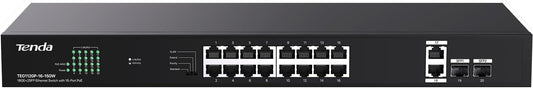 Tenda TEG1120P 16 Port 150W PoE Switch, Compatible with IEEE 802.3af/at Devices, Unmanaged Gigabit Switch with 16 Port PoE+@135W, 2 Uplink RJ45 Ports & 2 SFP Ports, Rack Mountable