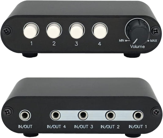 4-Way 3.5mm Stereo Audio Switch Input Signal Source Switcher Selector Splitter Box with line Volume Controller (4 in 1 Out / 1 in 4 Out) -MC41