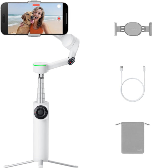 Insta360 Flow 2 Pro White - Foldable AI Phone Gimbal, Track in 200+ iOS Apps, Multi-Person & 360 Pan Tracking, Built-in Tripod/Selfie Stick, iPhone/Android Stabilizer