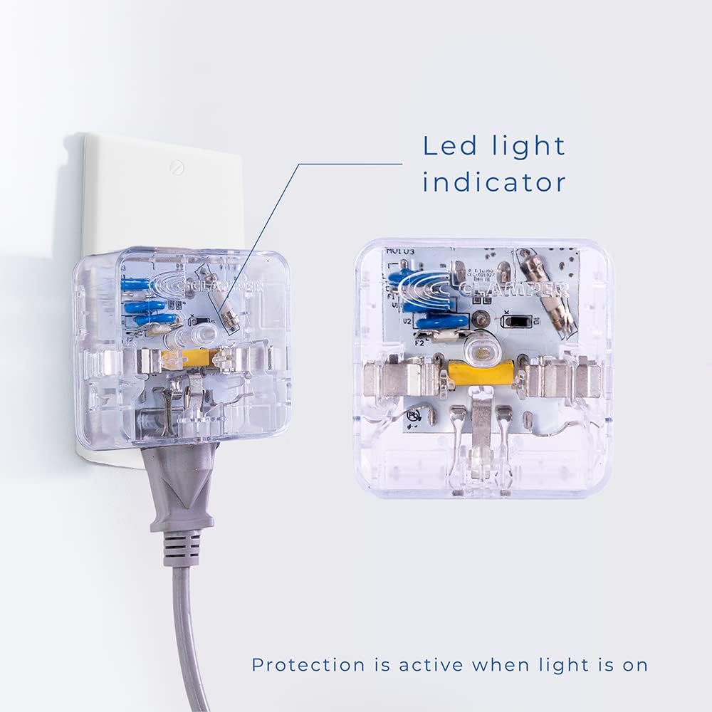 Clamper 3-Outlet Surge Protector 1800 Joules, 1875W, for TV, PC, Xbox, PS5, Refrigerators and Other Appliances (Compact Wall Surge Protector), iCLAMPER Power 3, 2-Pack Clear