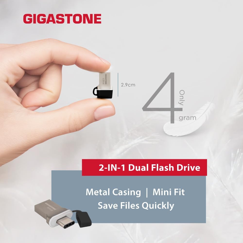 GIGASTONE 64GB Nano Luxus Dual Drive (5 Pack) Z50 USB 3.2 Gen 1, 2-in-1 USB-A & Type-C, 100MB/s Ultra Fast, Cap Design, Metal, Plug & Play for Smartphone/PC/Mac/TV/Car, 2.0/3.0/3.1 Compatible