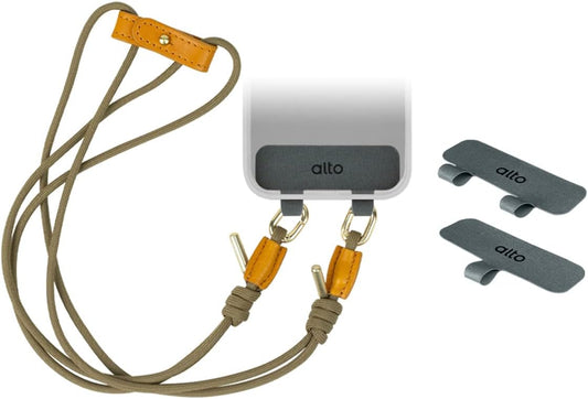 alto Crossbody Phone Lanyard: detachable patch, nylon strap with Italian leather pad, for iPhone and android full body phone cases (Caramel Brown)