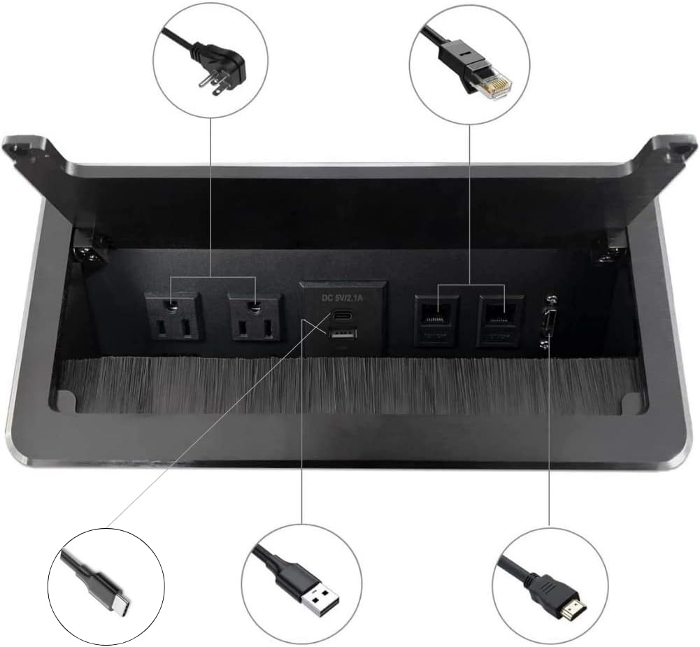 ZESHAN Cable Cubby Conference Table Power Box with 45 Degree Angle Convenient Plug-in Socket, Power Fully Enclosed Bottom Box Power Socket, USB, HDMI, RJ45
