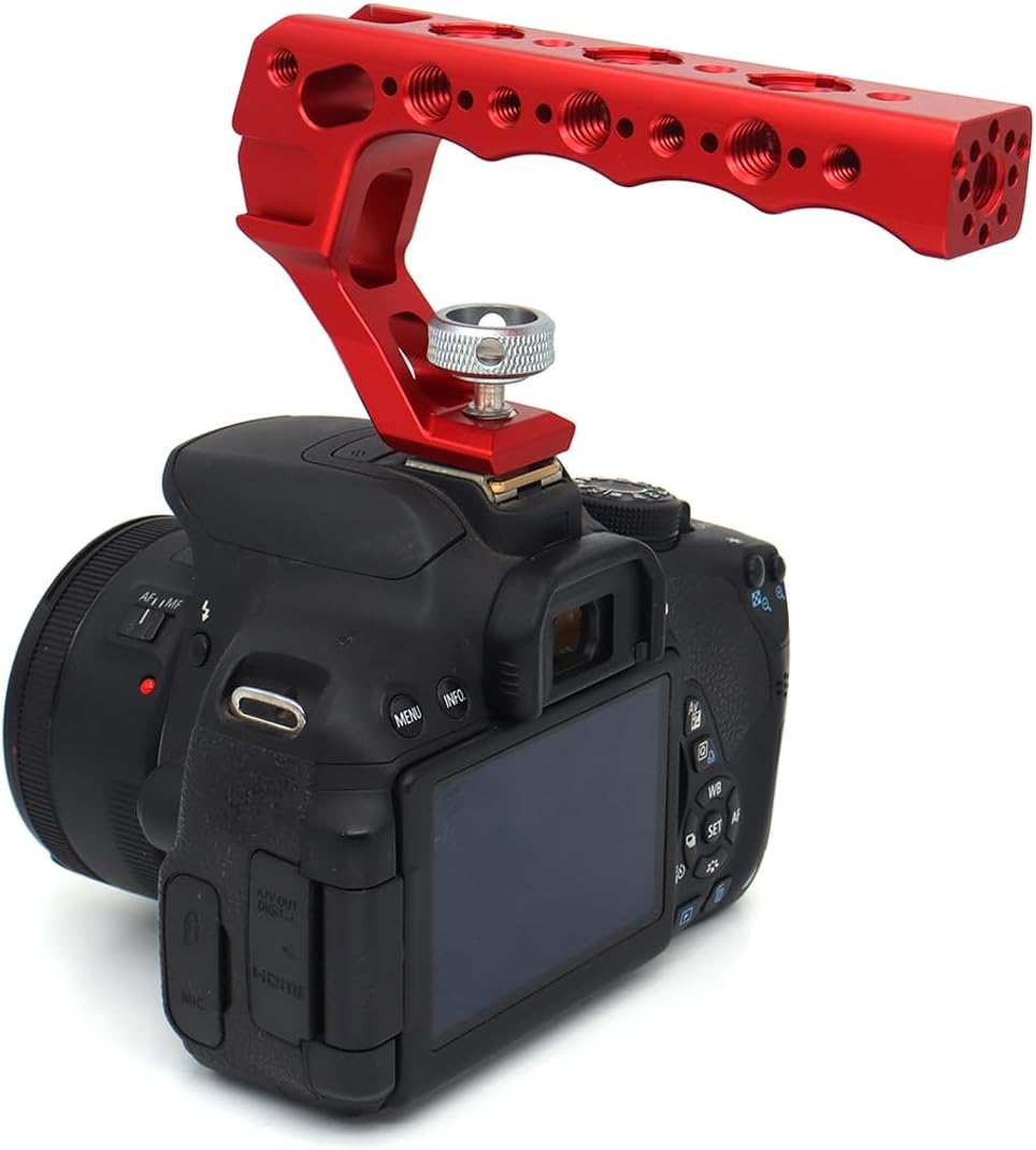 Top Handle Camera Grip with Cold Shoe Base for DSLR Camera Cage, with 3 Cold Shoe Adapters to Mount DSLR Camera with Microphone/LED Light/Monitor (Red with Cold Shoe Base)