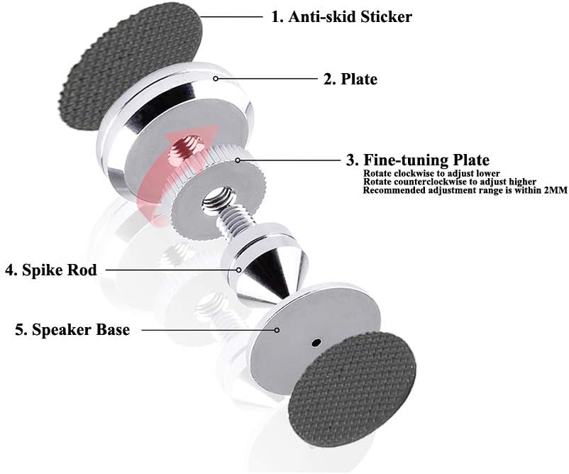 4 Sets Speaker Isolation Stand Feet, Stainless Steel Speaker Base Pads, Shockproof 28-32mm Adjustable Speaker Vibration Absorber Spike Cone Mats for Amplifier Turntable DAC Recorder CD (27x29x5MM)
