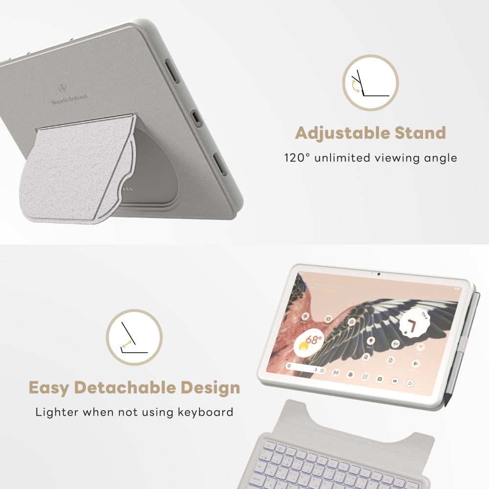 EIP Magnetix Keyboard Case for Google Pixel Tablet 11 inch (2023), Adjustable Viewing Angle, Detachable, Easy Carry, Protective Cover Compatible with Speaker Dock, 7 Backlight Color, White, US Layout